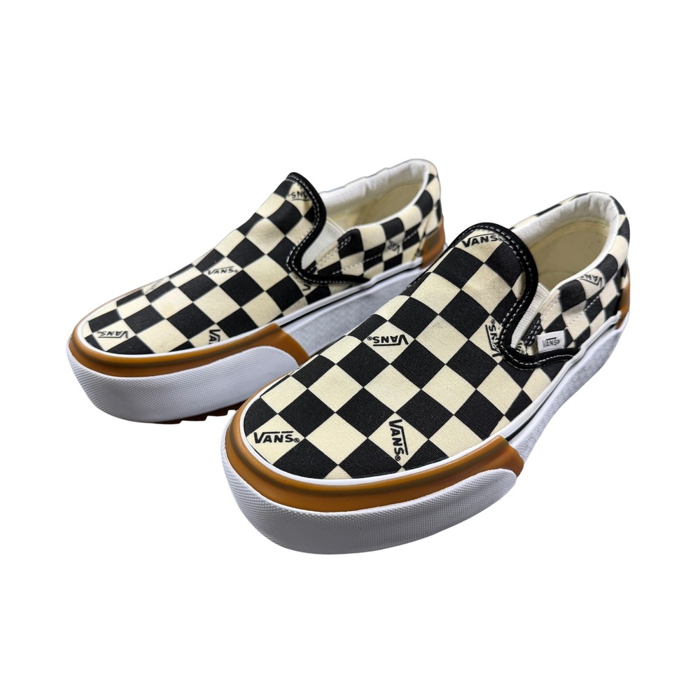 Vans Slip-On Stackform Checkerboard Black White Platform Sneakers Gum Sole W 7.5
